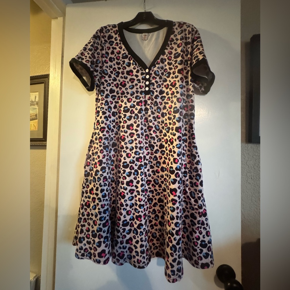 Leopard Print Short Sleeve Nightshirt - Black Trim, Pink & Blue Accents